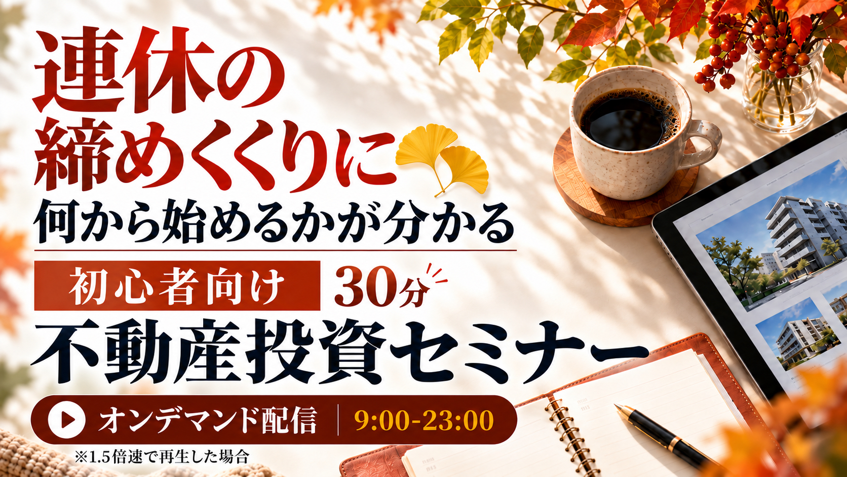 連休の締めくくりに🍁何から始めるかが分かる初心者向け不動産投資セミナー【オンデマンド配信】